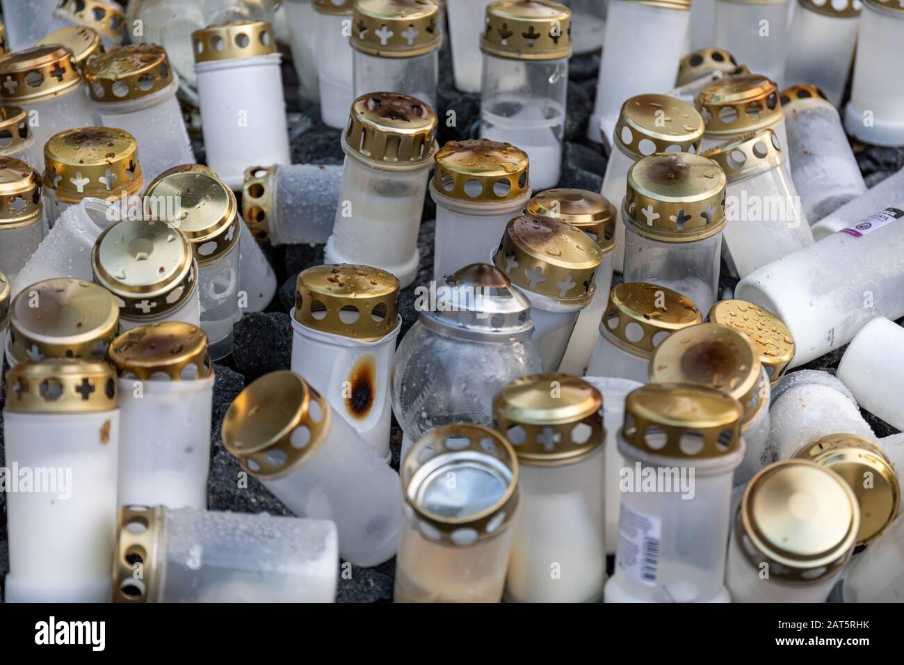Used grave candles after Christmas Stock Photo
