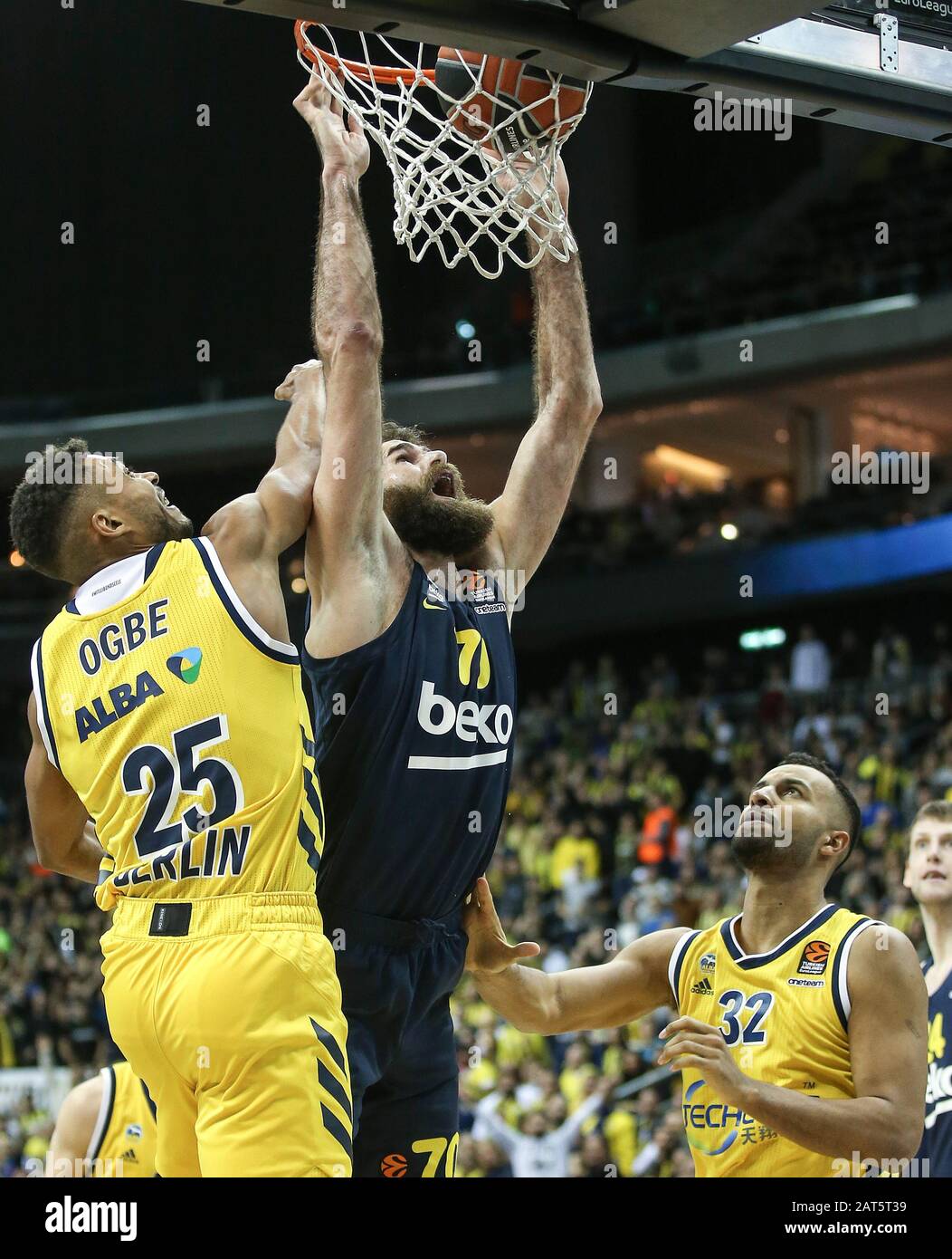 Berlin, Germany. 30th Jan, 2020. Basketball: Euroleague, Alba Berlin -  Fenerbahce Istanbul, main round, 22nd matchday, Mercedes Benz Arena. Luigi  Datome (M) from Fenerbahce Istanbul puts the ball into the basket and