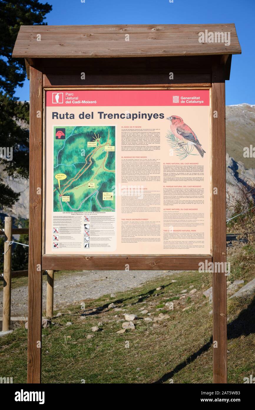Trail signpost about wildlife. Cadi-Moixero Natural Park. Catalonia. Spain. Stock Photo
