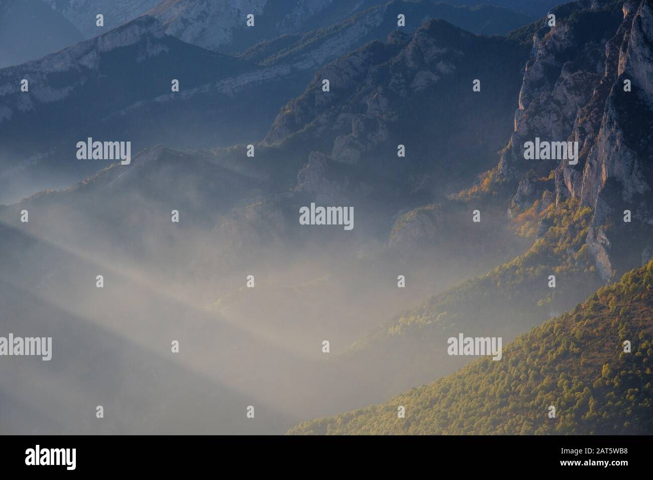 Low lying evening mist over forested mountains. Cadi-Moixero Natural Park. Catalonia. Spain. Stock Photo