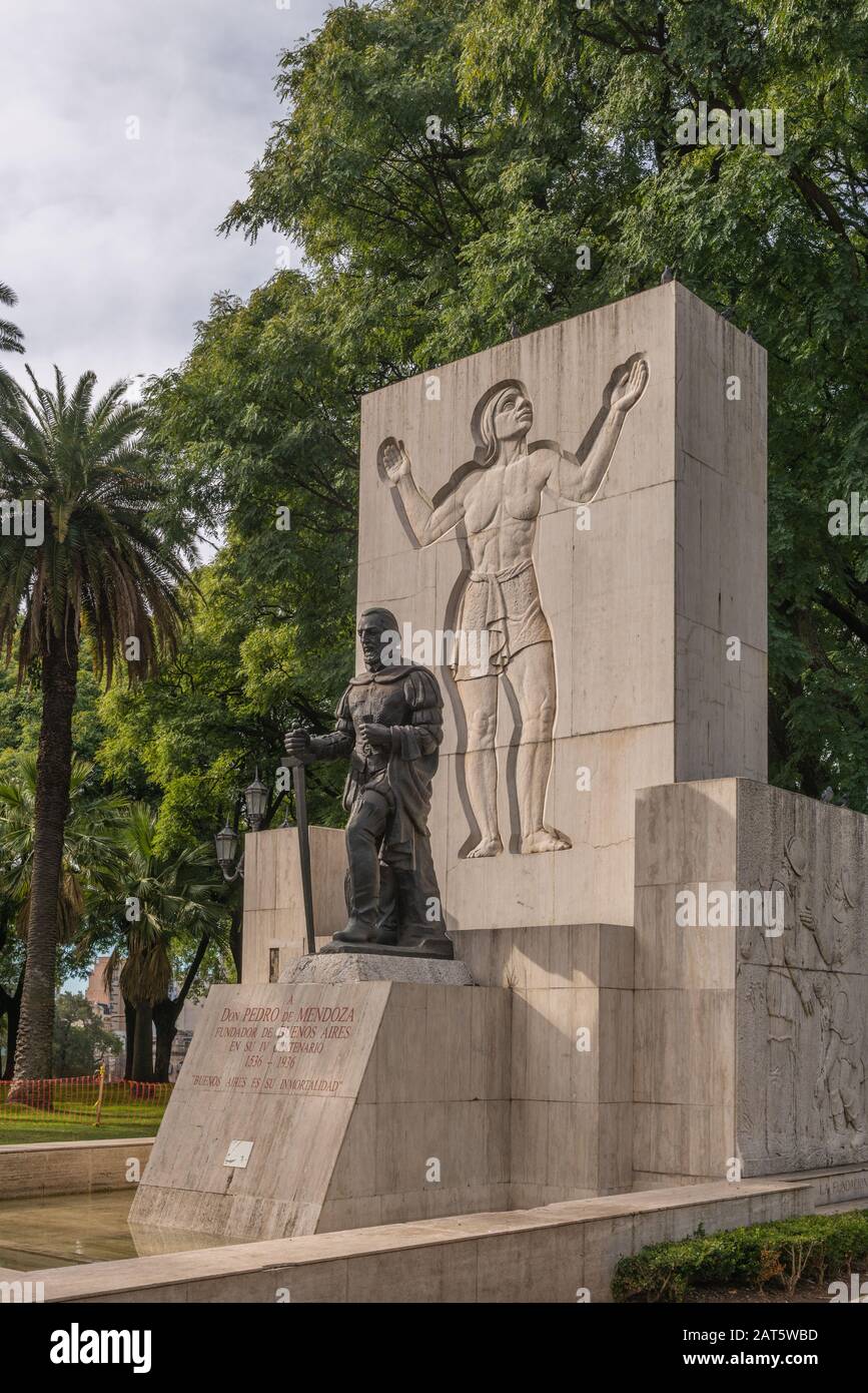 Statue and Monument of Don Pedro de Mendoza, the founder of Buenos Aires (1536), Park Lezama, San Telmo, Buenos Aires, Argentina, Latin America Stock Photo