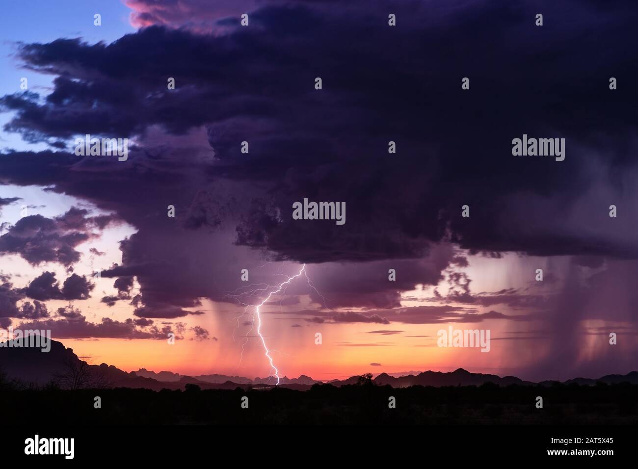 Lightning strikes from a thunderstorm at sunset in the desert near ...
