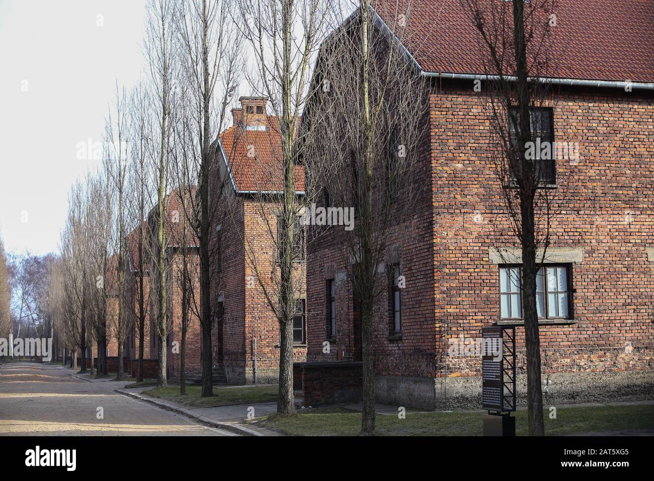 POLAND, OSWIECIM, AUSCHWITZ: 27 January 2020: camp street in Auschwitz ...