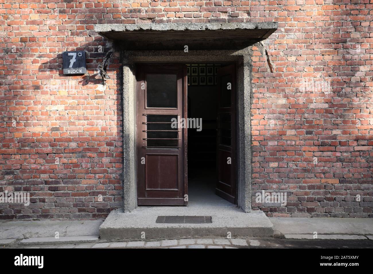 POLAND, OSWIECIM, AUSCHWITZ- 27 January 2020: the entrance to the building of the 7th KL Auschwitz block Stock Photo