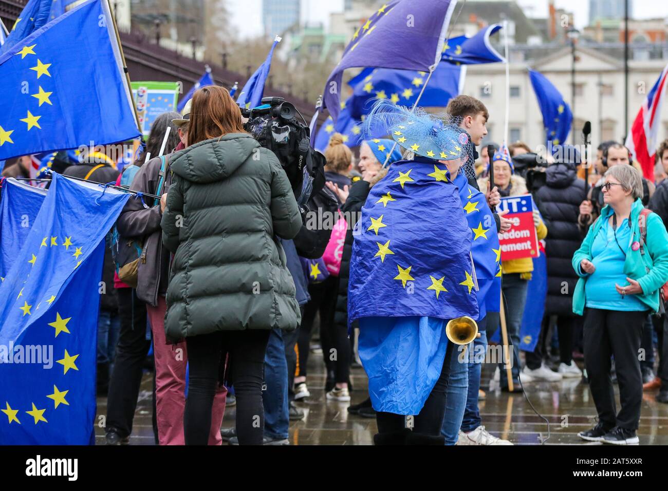 Pro-remain supporters holding EU flags protest outside Houses of Parliament on the eve of Brexit Day.Pro-remain supporters with EU flags protest outside Houses of Parliament on the eve of Brexit Day. Britain will officially leave the European Union at 11pm (GMT) on 31 January 2020 and will cease to be a state member. Under the terms of the Withdrawal Agreement, UK will enter a transitional period and will abide by EU rules despite not being a member. Stock Photo