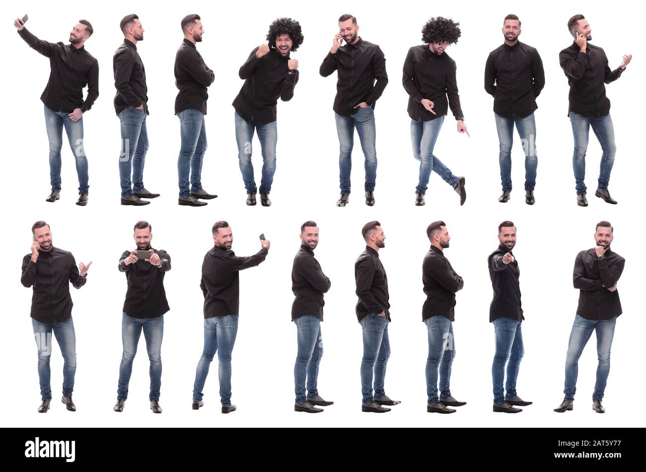 collage of photos of a cheerful young man in jeans Stock Photo - Alamy