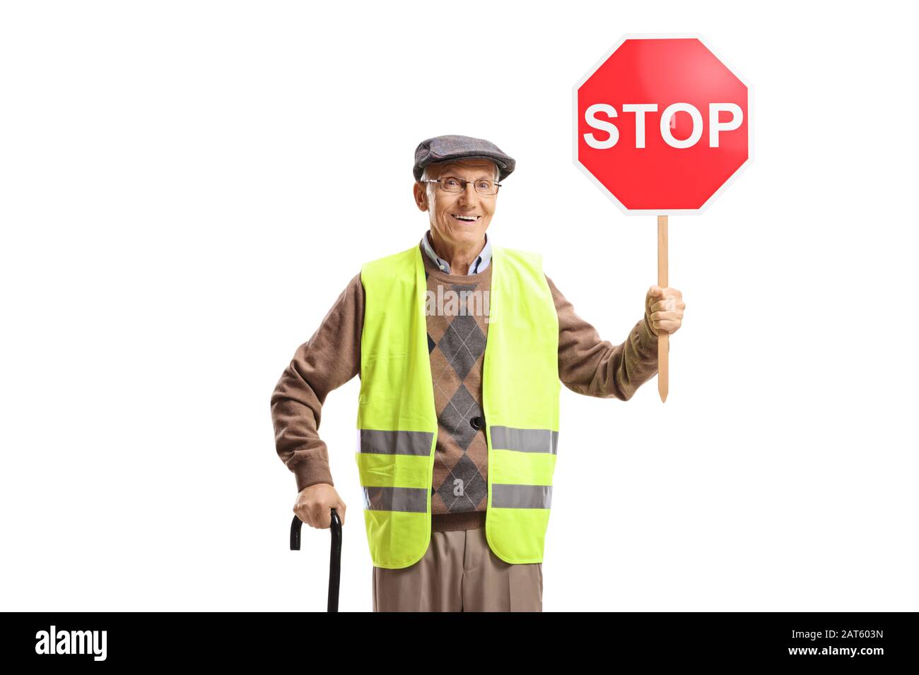 Elderly man wearing safety vest and holding a stop sign isolated on
