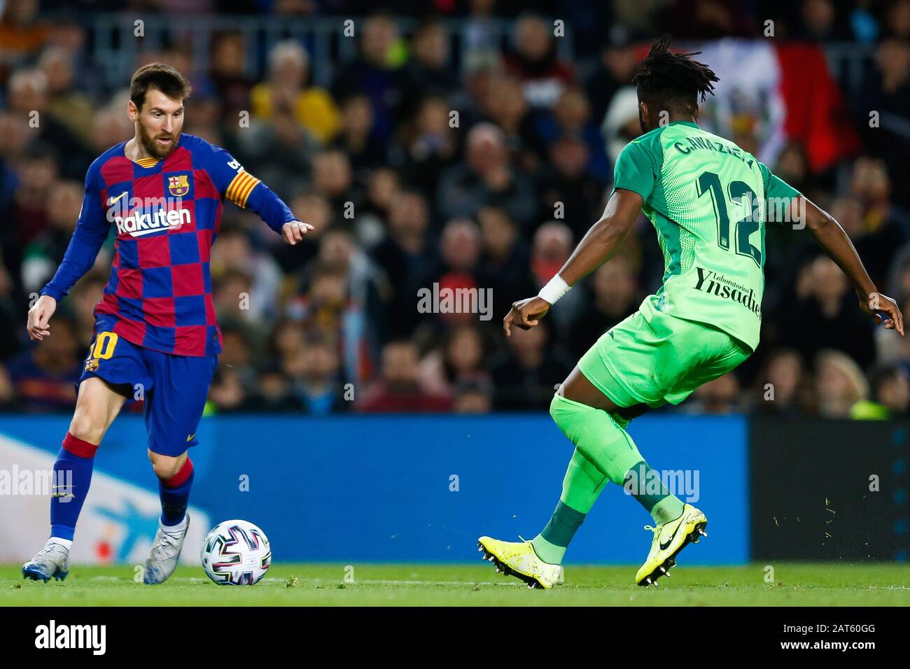 Barcelona, Catalonia, Spain. 30th Jan, 2020. January 30, 2020 - Camp Nou, Barcelona, Spain - Copa del Rey - FC Barcelona v Leganes: Lionel Messi of FC Barcelona dribbles Chidozie Awaziem of CD Leganes. Credit: Eric Alonso/ZUMA Wire/Alamy Live News Stock Photo