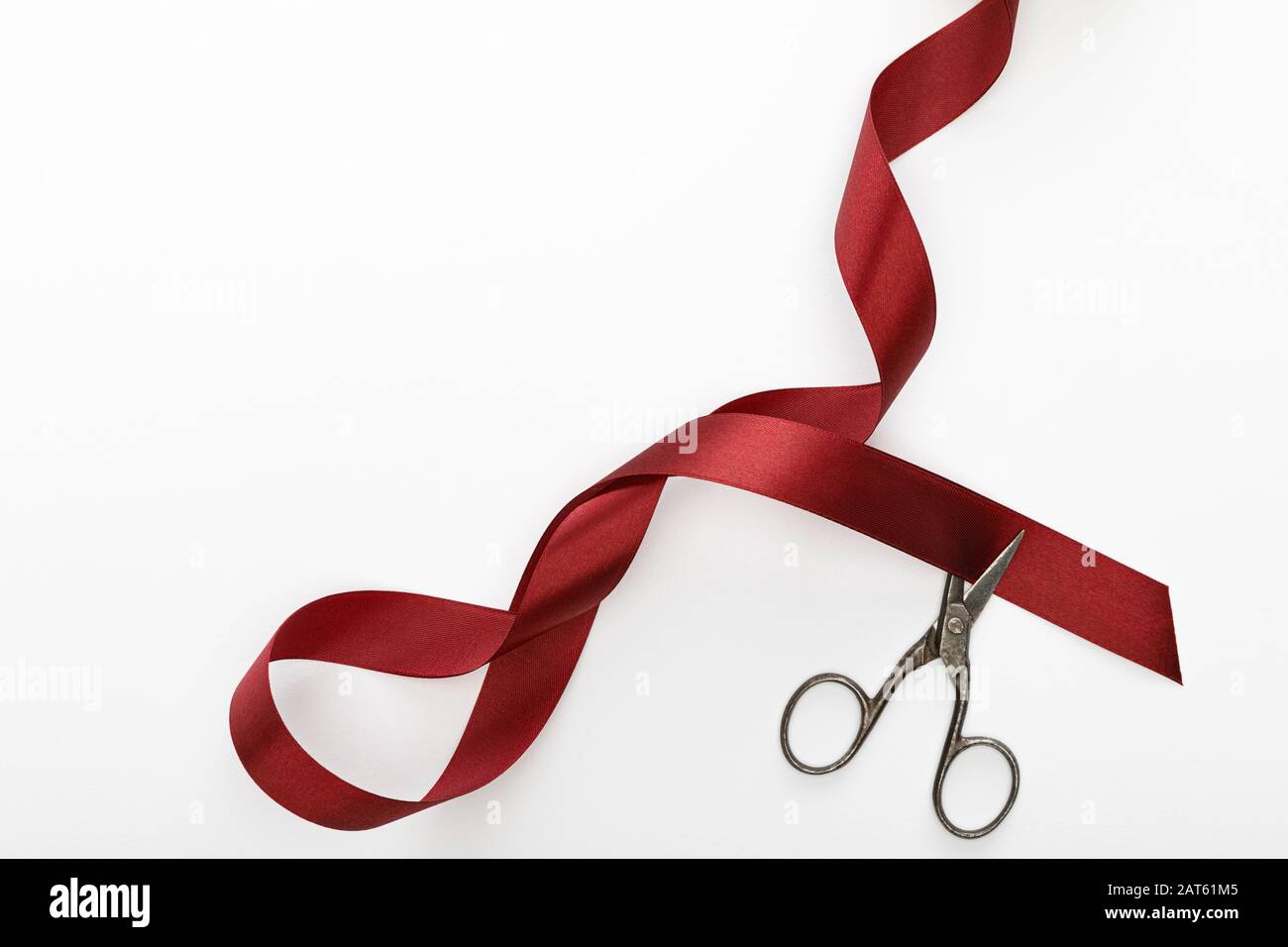 top view of satin burgundy decorative curved ribbon with scissors ...