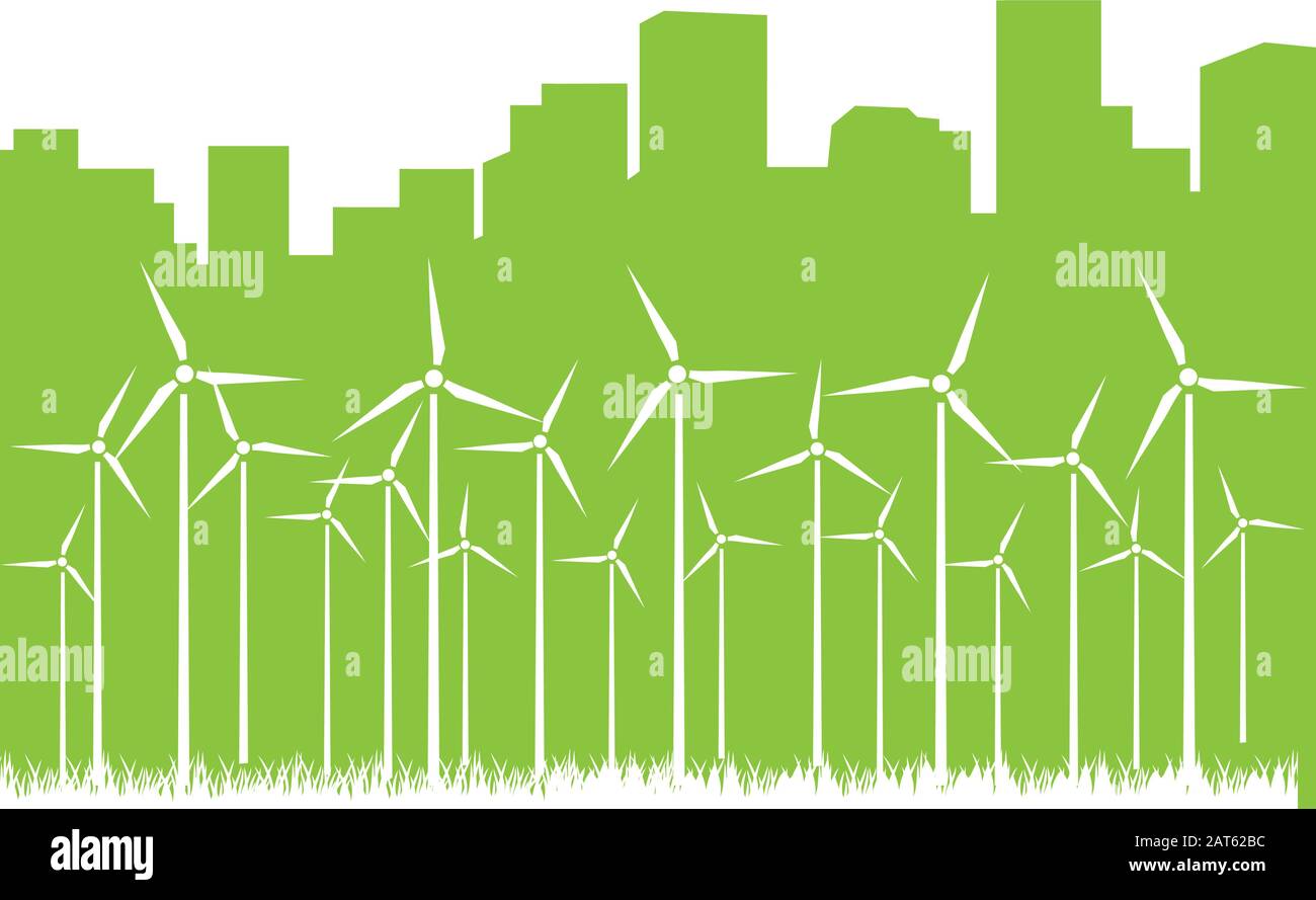 wind turbines and green city skyline in behind Stock Vector