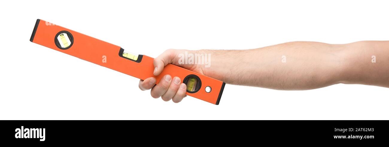 panoramic shot of man holding spirit level isolated on white Stock ...
