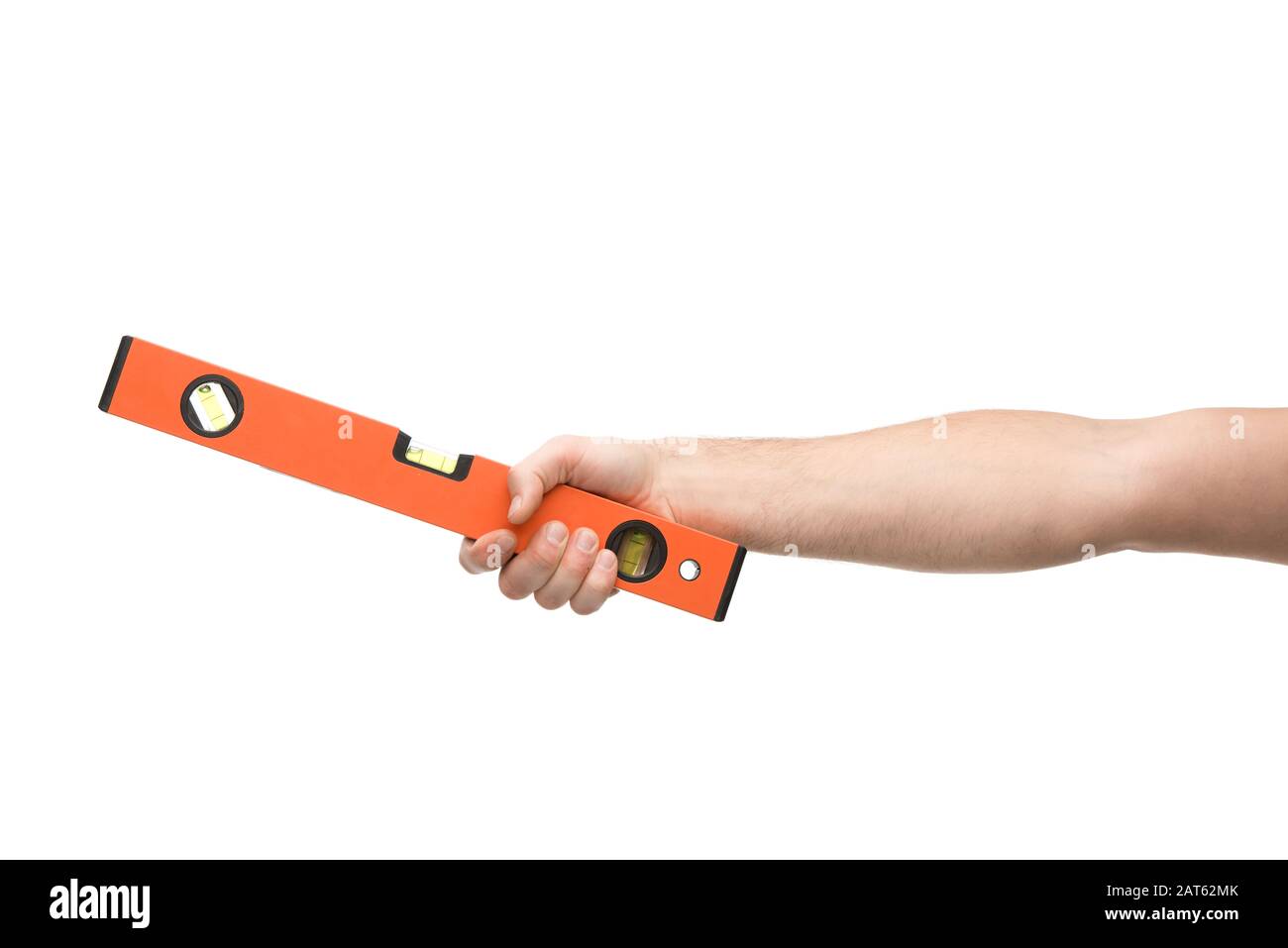 cropped view of man holding spirit level isolated on white Stock Photo ...