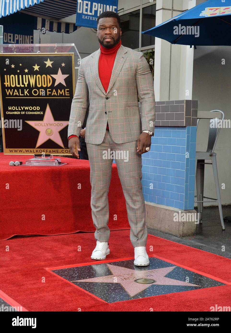 Los Angeles, United States. 30th Jan, 2020. American singer, songwriter, rapper, actor, television producer, entrepreneur, and investor Curtis '50 Cent' Jackson stands on his star during an unveiling ceremony honoring him with the 2,686th star on the Hollywood Walk of Fame on Thursday, January 30, 2020 in Los Angeles. Photo by Jim Ruymen/UPI Credit: UPI/Alamy Live News Stock Photo
