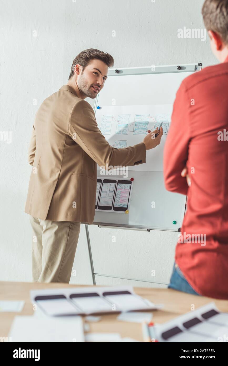 Selective focus of creative designers developing ux mobile app interface on whiteboard in office Stock Photo