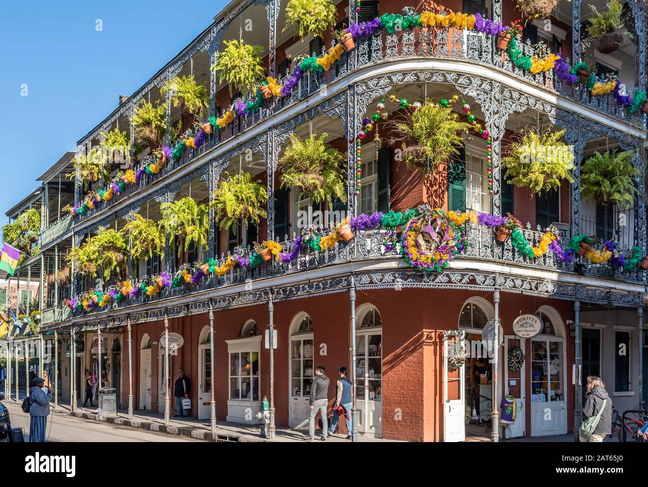 New Orleans French Quarter balcony during Mardi Gras 2020 season, LaBranche House at corner of Royal Street and St. Peter, New Orleans, Louisiana. Stock Photo