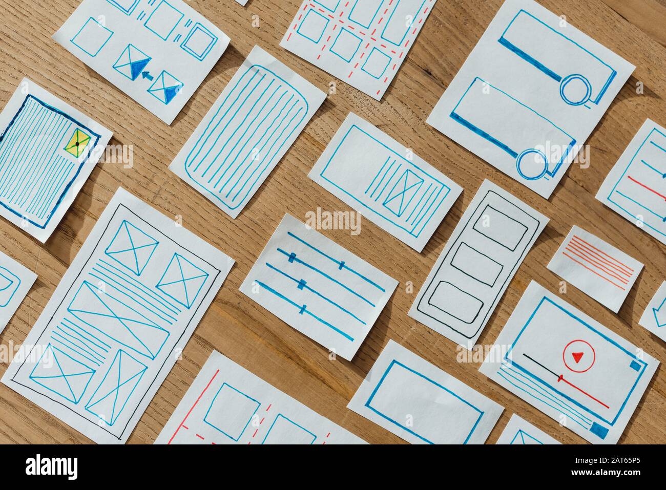 Top view of layouts of user experience design on wooden table Stock ...