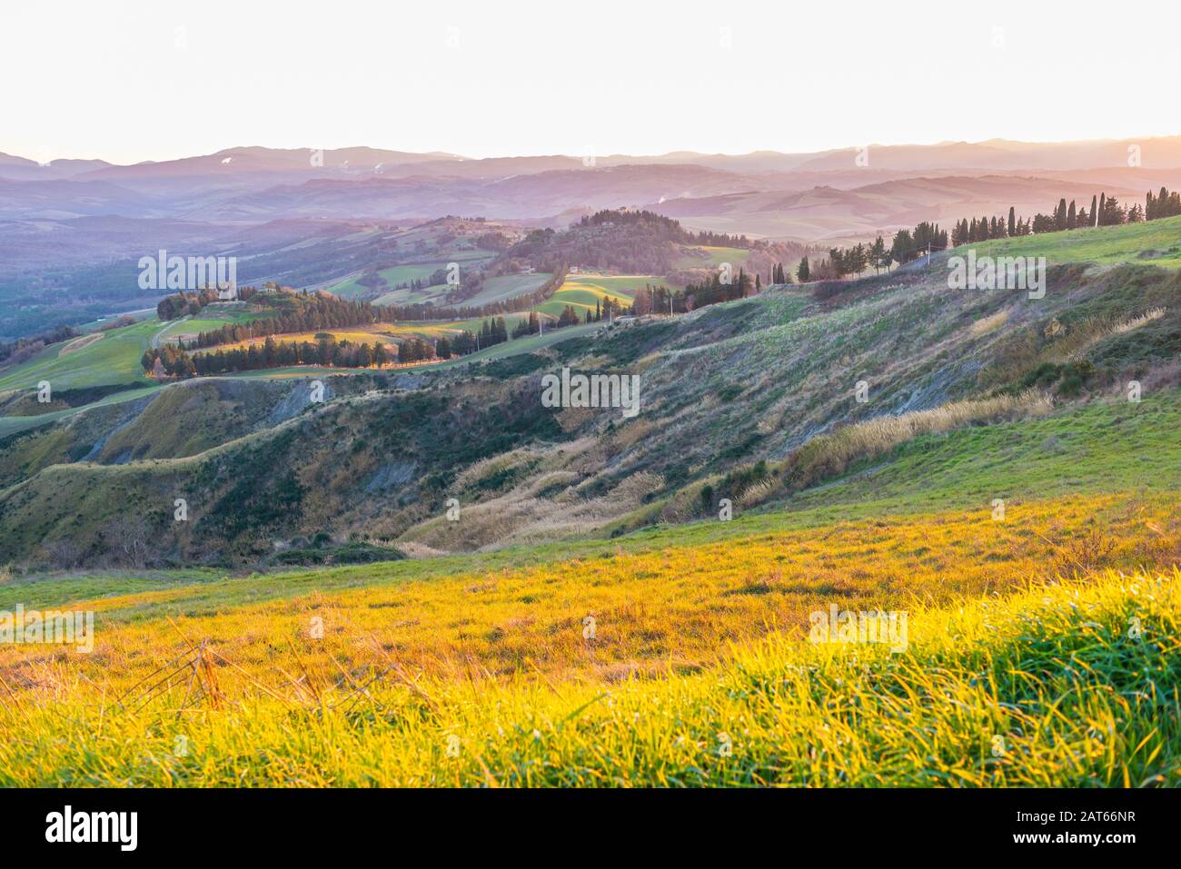 Tuscany hills countryside Italian landscape colorful at sunset. Italy Stock Photo