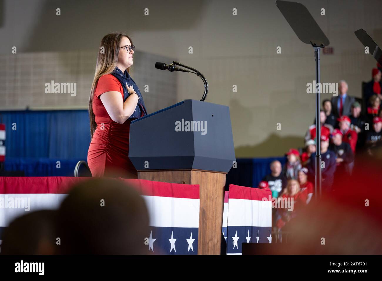 Vocalist sings the United States national anthem at the 'Keep America Great' rally held at the Wildwoods Convention Center. Stock Photo