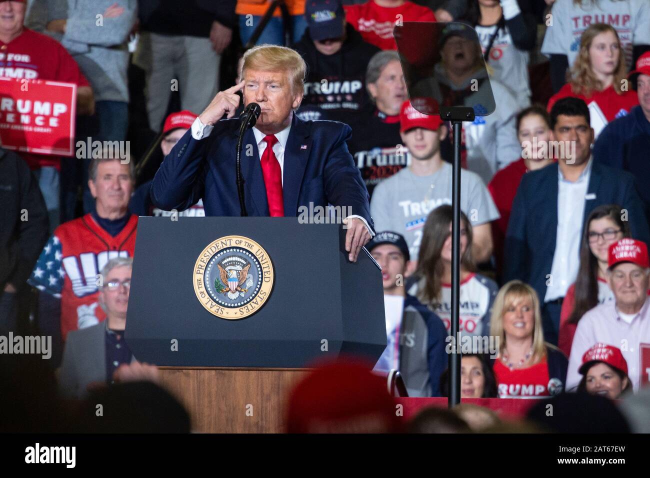 President Donald J. Trump points to his head and speaks to a large crowd at the 'Keep America Great' rally held at the Wildwoods Convention Center. Stock Photo