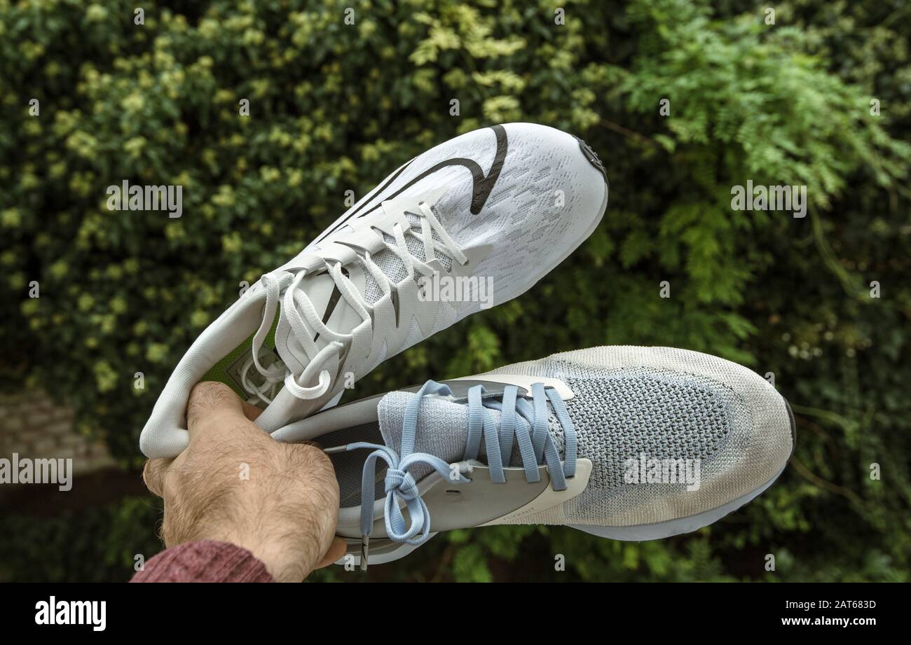 Paris, France - Sep 23, 2019: Male hand POV holding professional running  shoes manufactured by Nike comparing two Odyssey React Flyknit 2 and Zoom  Rival Fly for women Stock Photo - Alamy