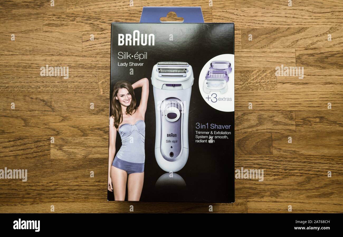 Paris, France - Sep 23, 2019: Cardboard package on the wooden table the new  performance female epilator Braun Silk-Epil Lady Shaver 3-1 shaver trimmer  and exfoliation Stock Photo - Alamy