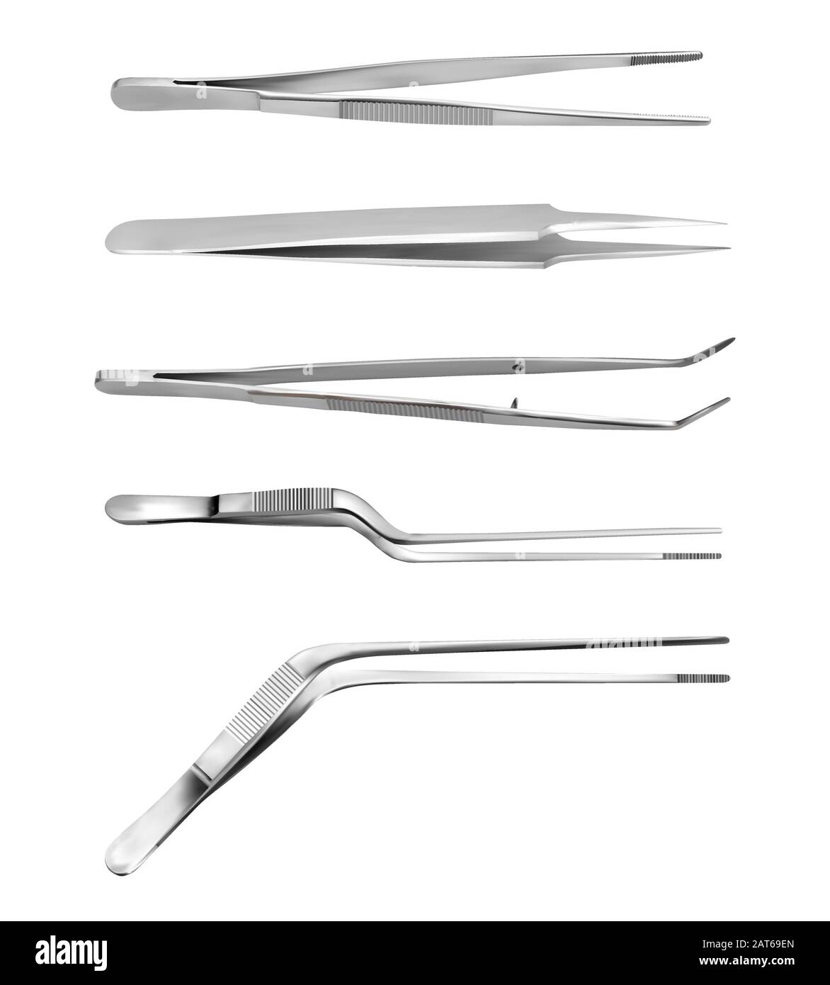 Set of tweezers. Long serrated angled tweezers, anatomical forceps