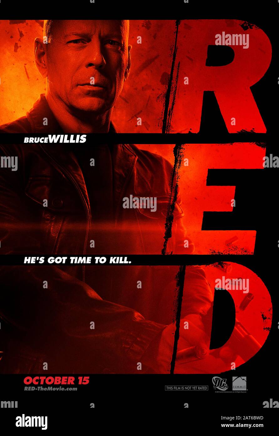 RED (2010) directed by Robert Schwentke and starring Bruce Willis as Frank Moses who is 'R.E.D.' - Retired Extremely Dangerous, based on the DC Comic book. Stock Photo