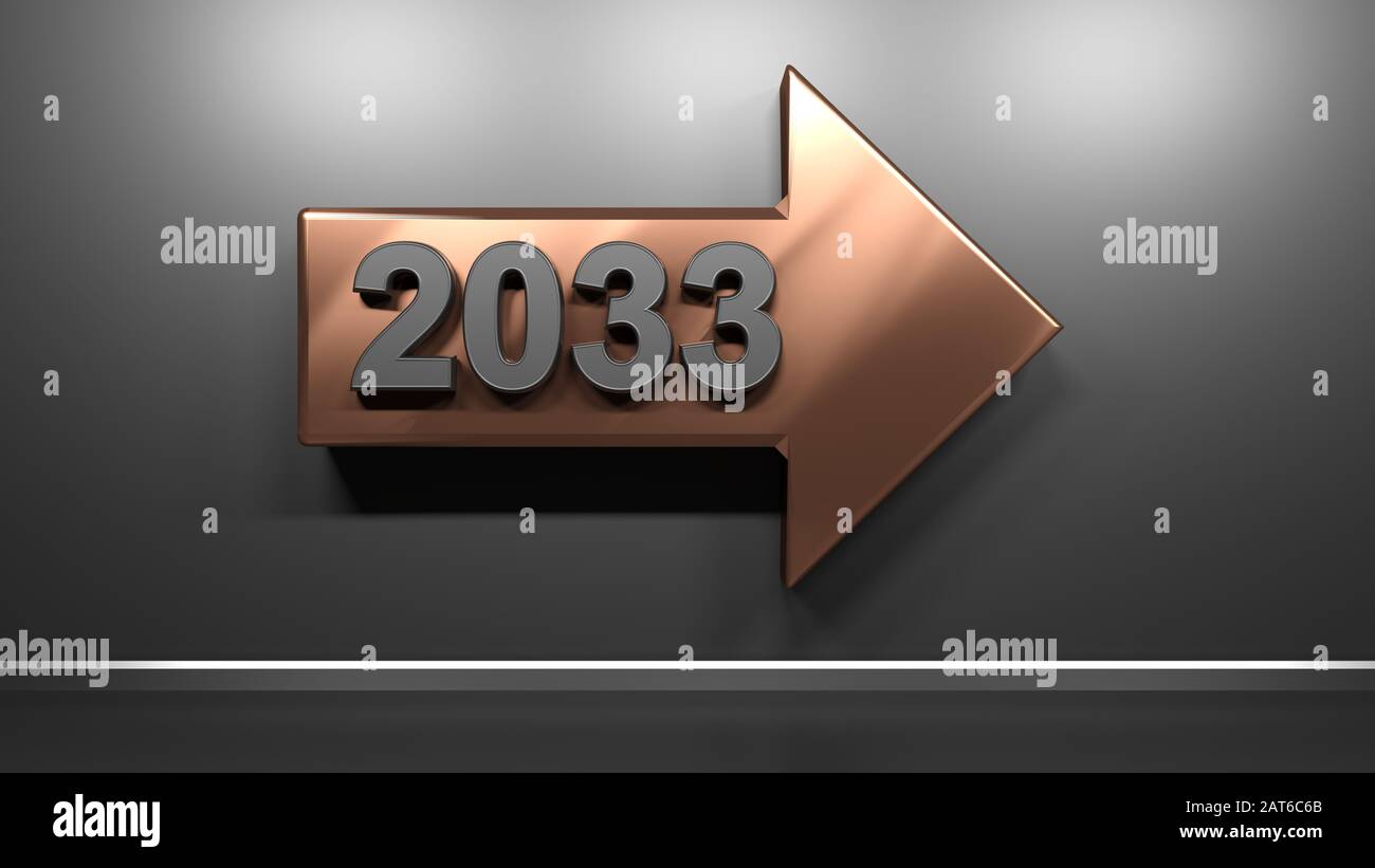 2033 copper arrow at satin black wall - 3D rendering illustration Stock Photo