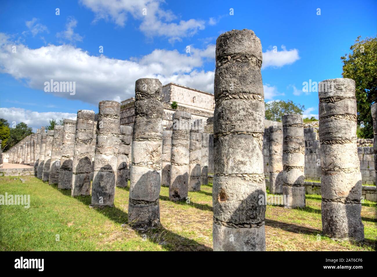Ancient ruins of Temple of the Warriors at the Mayan archaelogical site of Chichen Itza, Yucatan, Mexico. Its name derives from the pillar columns wit Stock Photo