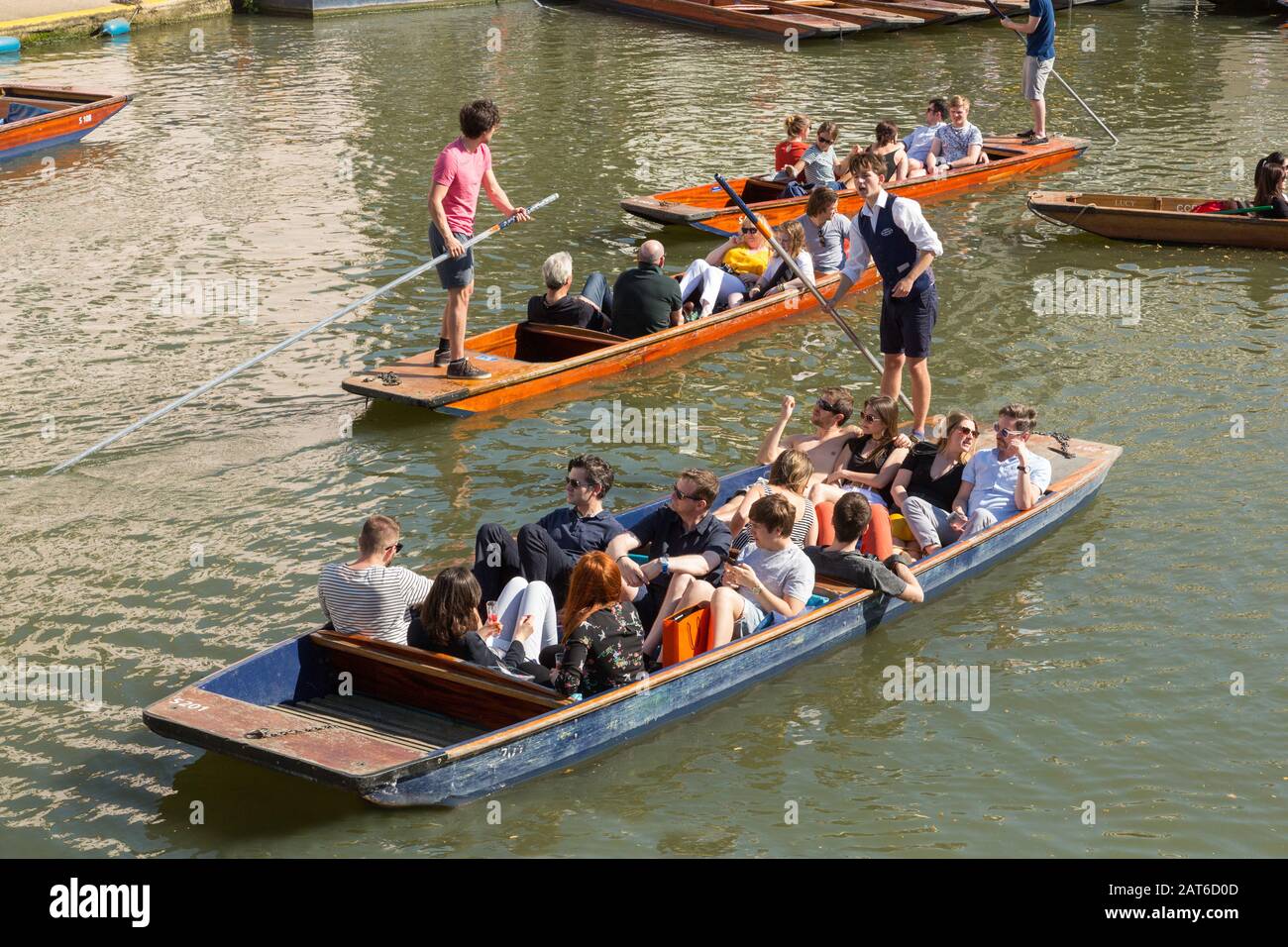 Tourists on punts on the River Cam in Cambridge, United Kingdom Stock Photo