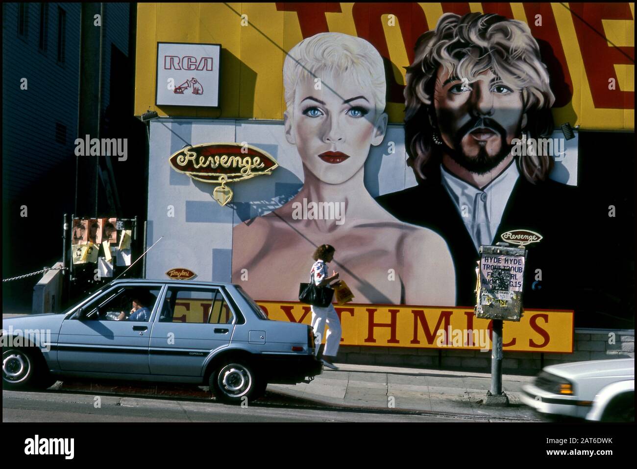 Eurythmics billboard on the front of Tower Records on the Sunset Strip in Los Angeles, 1986 Stock Photo