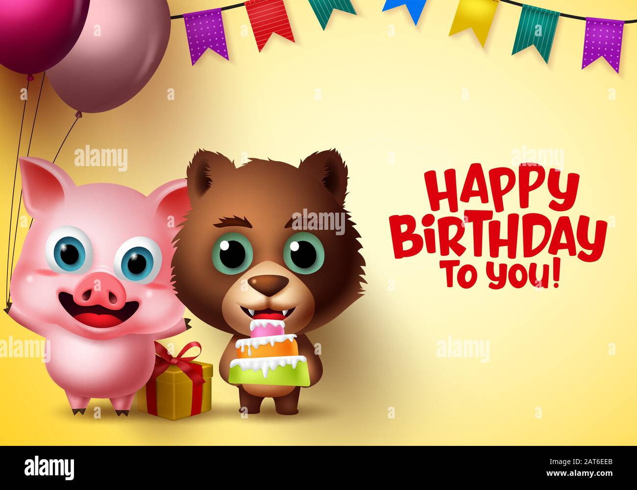 Birthday party kids animal vector characters. Happy birthday text with pig  and bear animal characters holding cake, balloons and gifts with colorful  Stock Vector Image & Art - Alamy