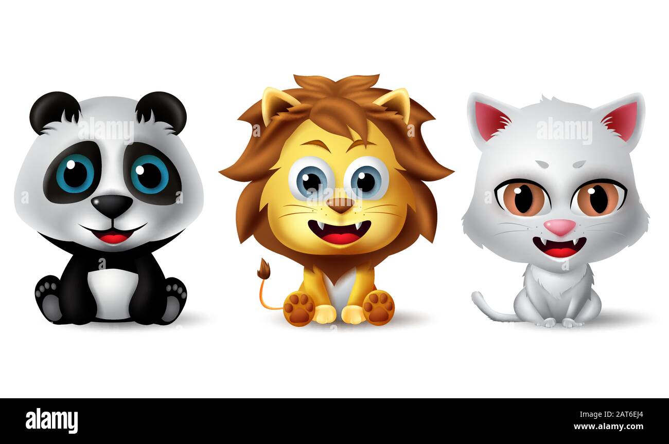 Animal characters vector set. Panda, bear, lion and cat animal characters in sitting pose and smiling facial expression isolated in white background. Stock Vector