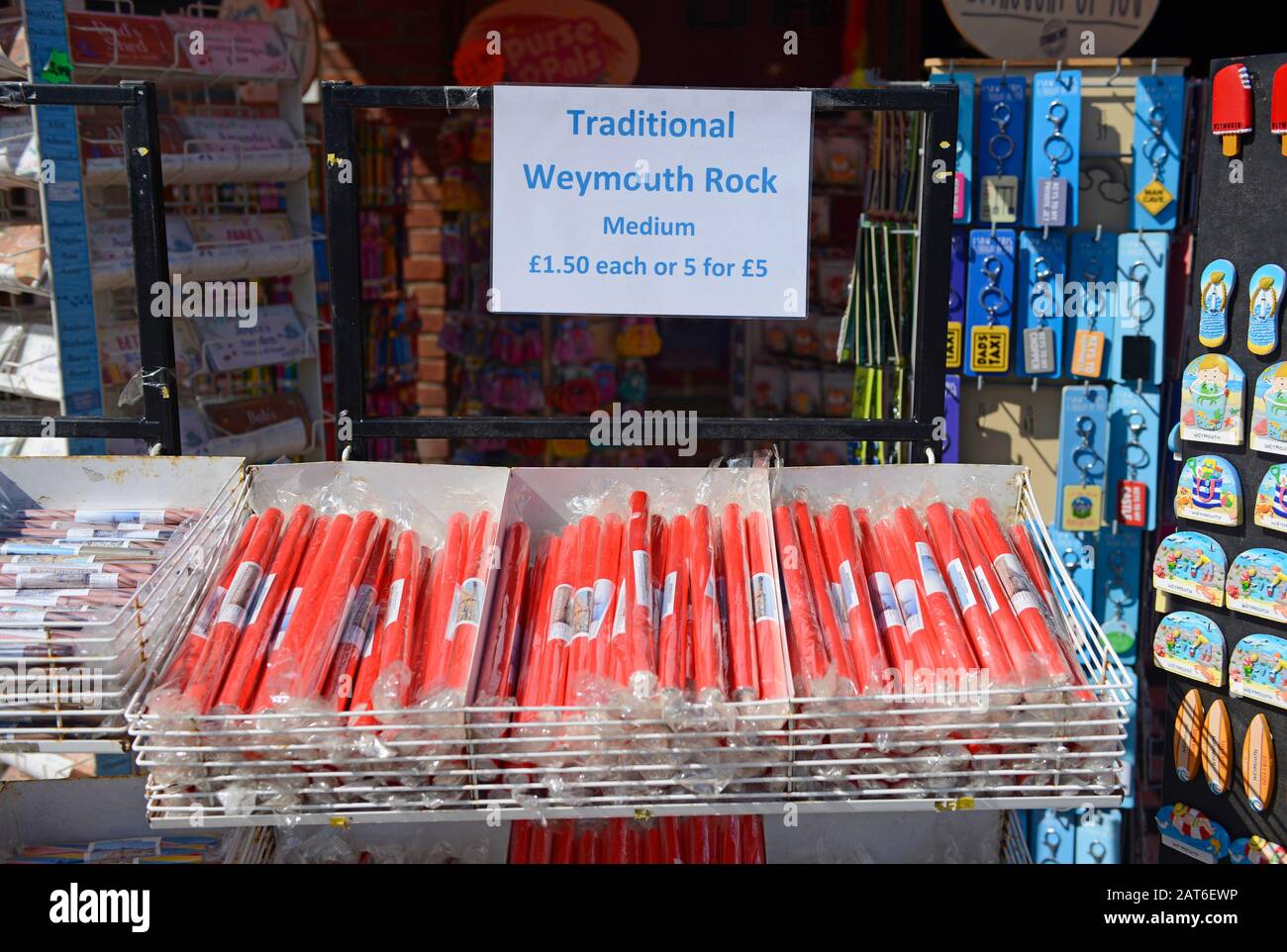 Sticks of Weymouth rock for sale in Weymouth, Dorset, UK Stock Photo
