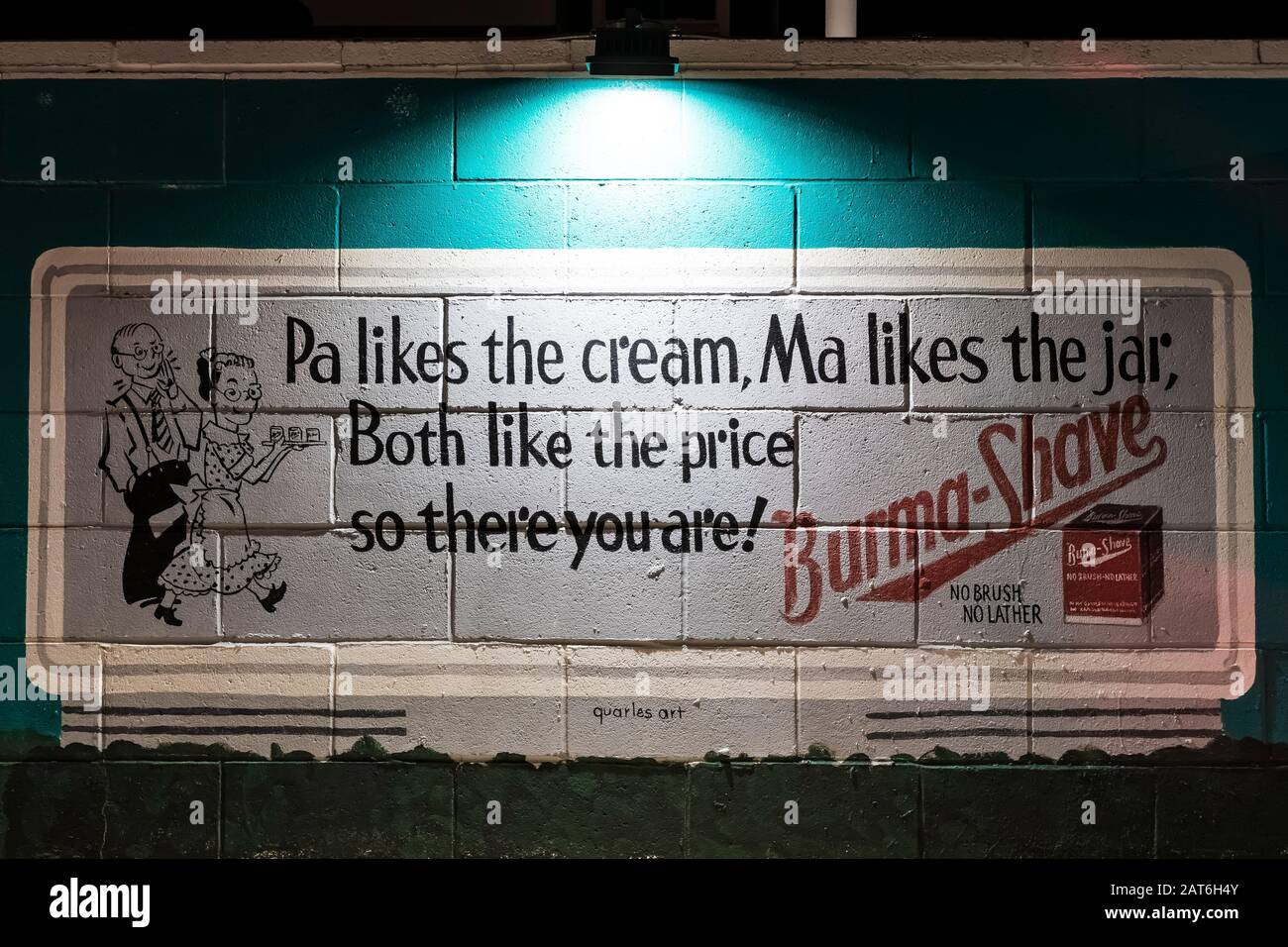 Reproduction of old Burma Shave billboard by artist Doug Quarles at Motel Safari along Historic Route 66 in Tucumcari, New Mexico, USA [No property or Stock Photo