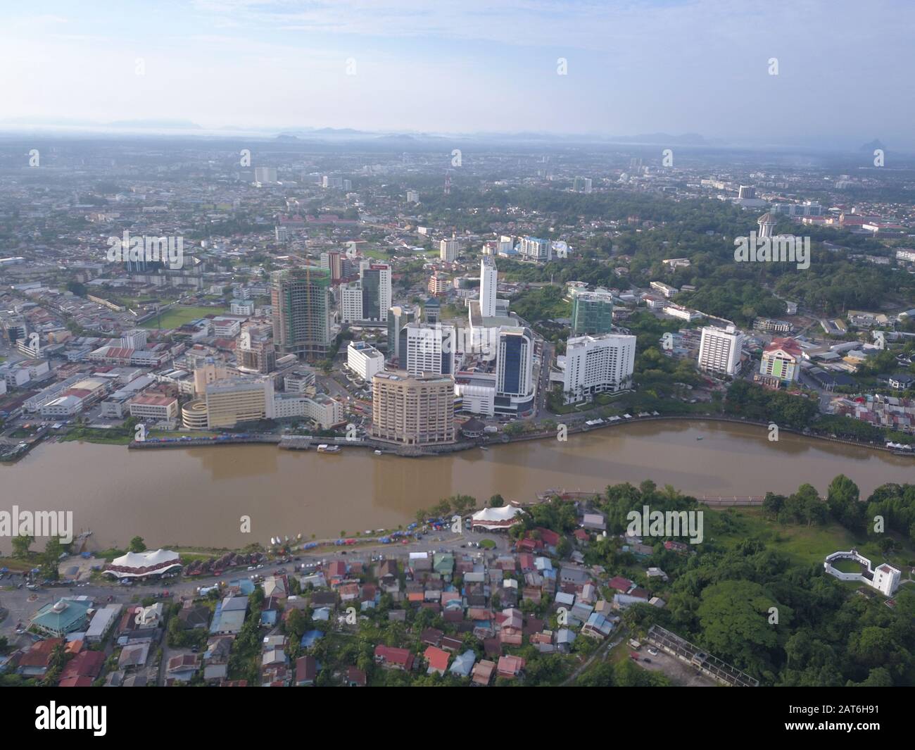 Aerial View Of The Kuching City Area, With The Rivers, Bridges, Hills ...