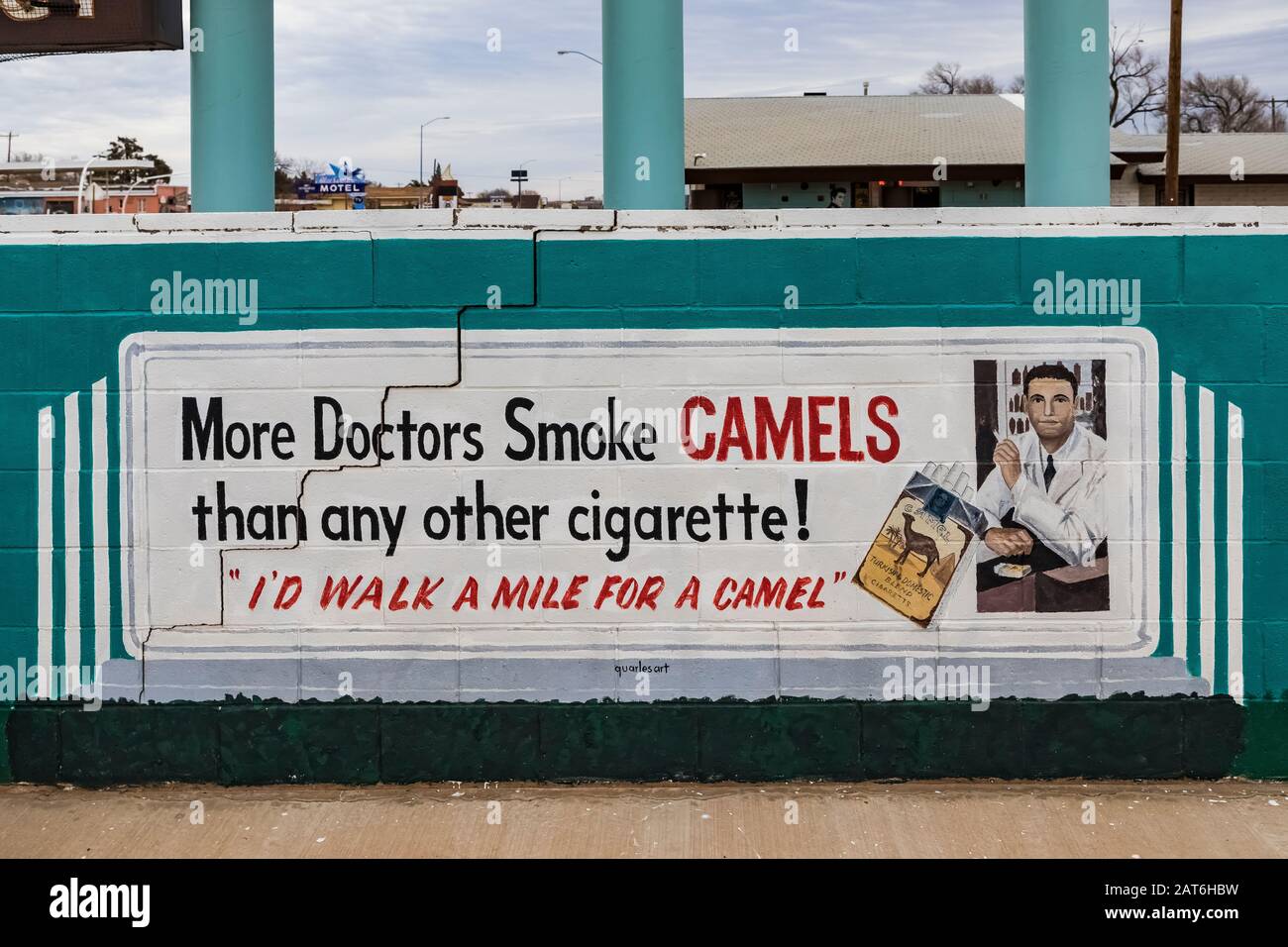 Reproduction of old Camel Cigarette billboard by artist Doug Quarles at Motel Safari along Historic Route 66 in Tucumcari, New Mexico, USA [No propert Stock Photo