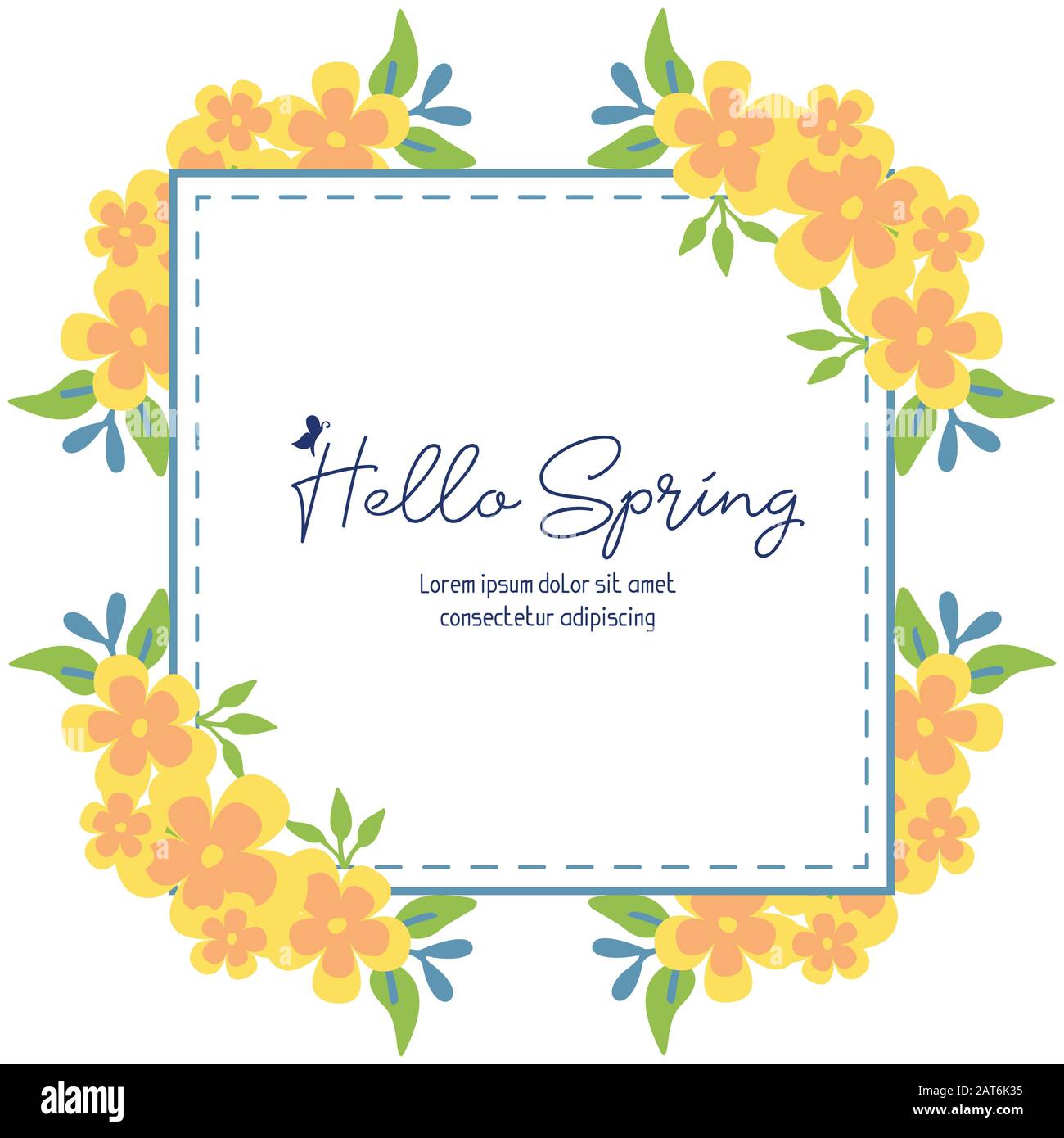 Crowd of leaf and yellow floral frame, for hello spring greeting card ...
