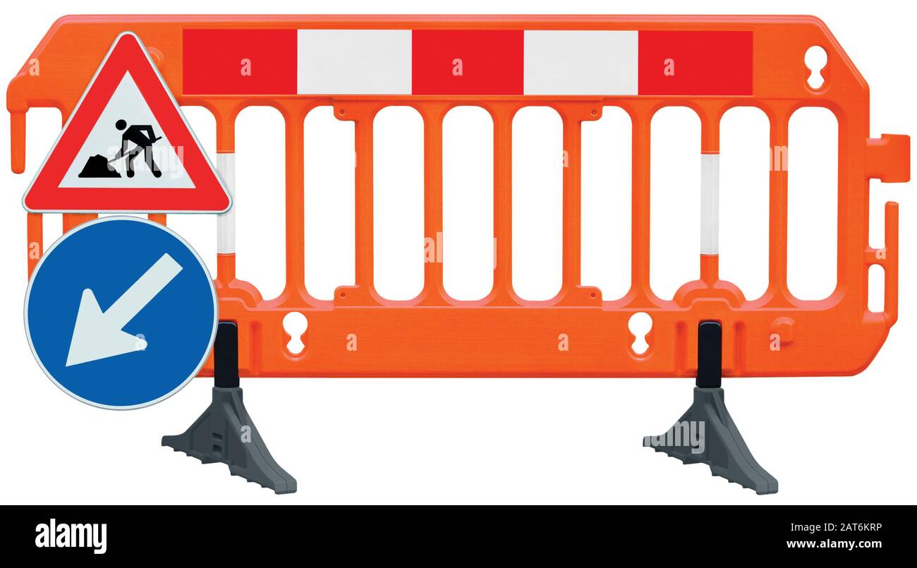 Obstacle detour barrier fence roadworks barricade, orange red and white luminescent stop signal, UK road works and mandatory keep right sign Stock Photo
