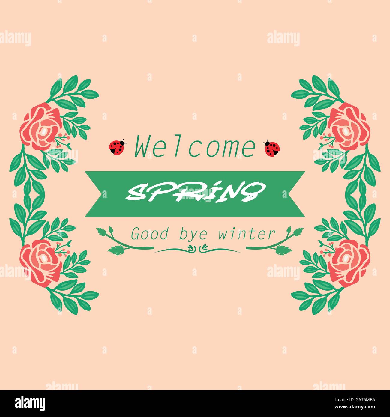 Elegant welcome spring greeting card design, with seamless leaf and
