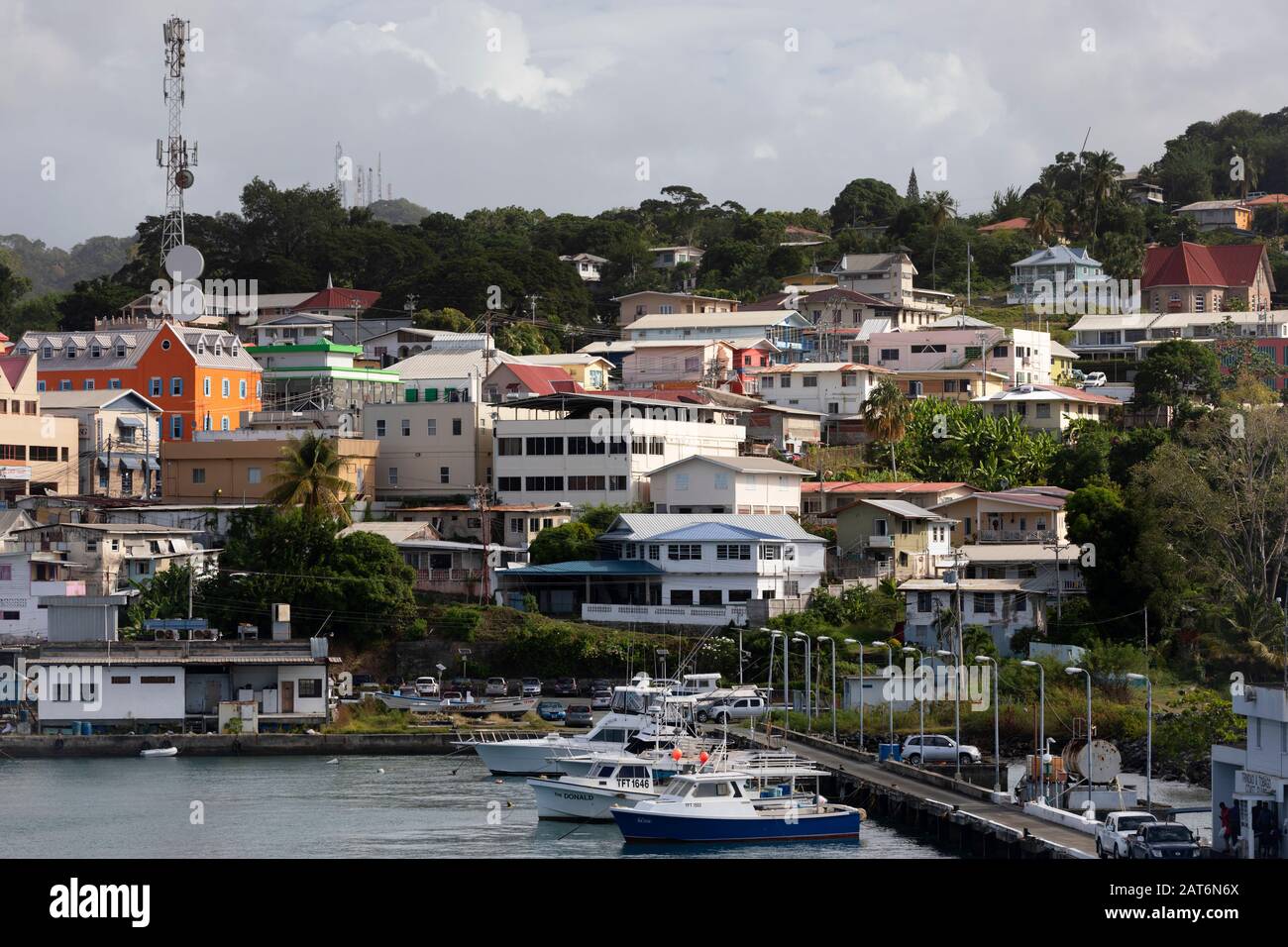Houses on the waterfront, Scarborough, Tobago, Trinidad and Tobago Stock Photo