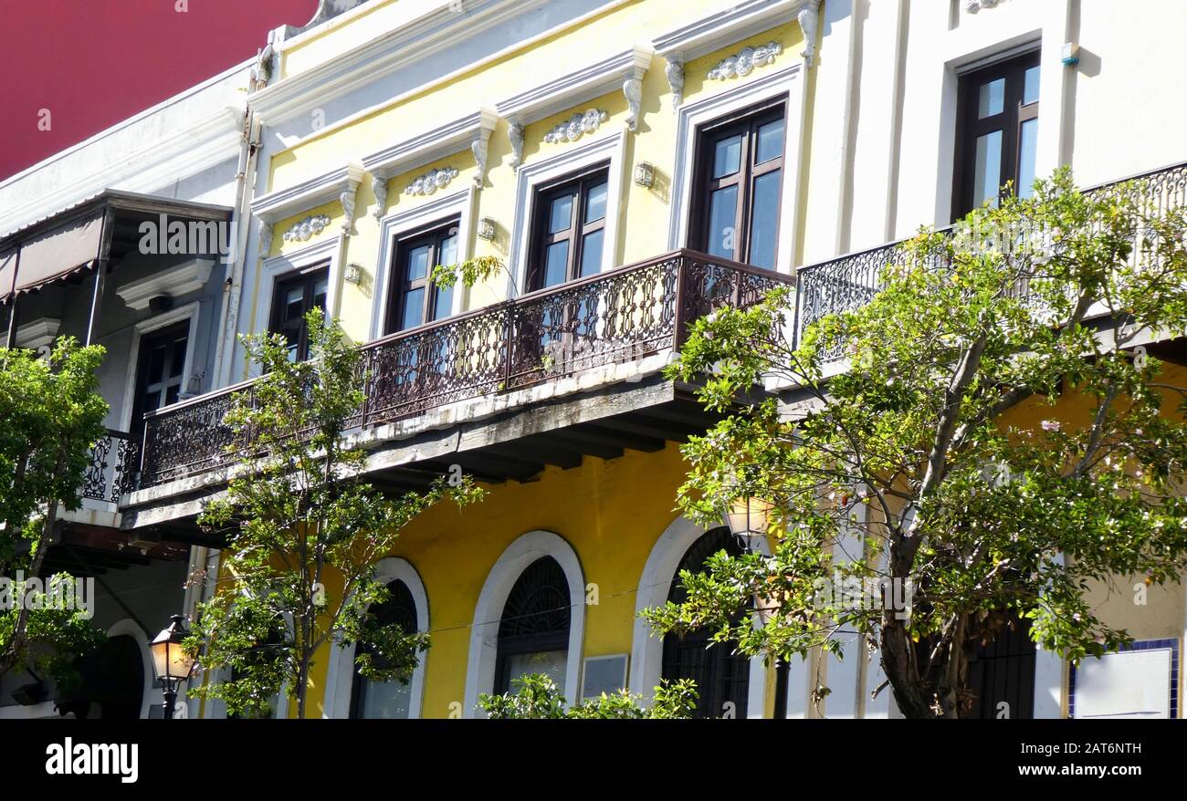 The beautiful ornate balconies of Old San Juan Puerto Rico Stock Photo