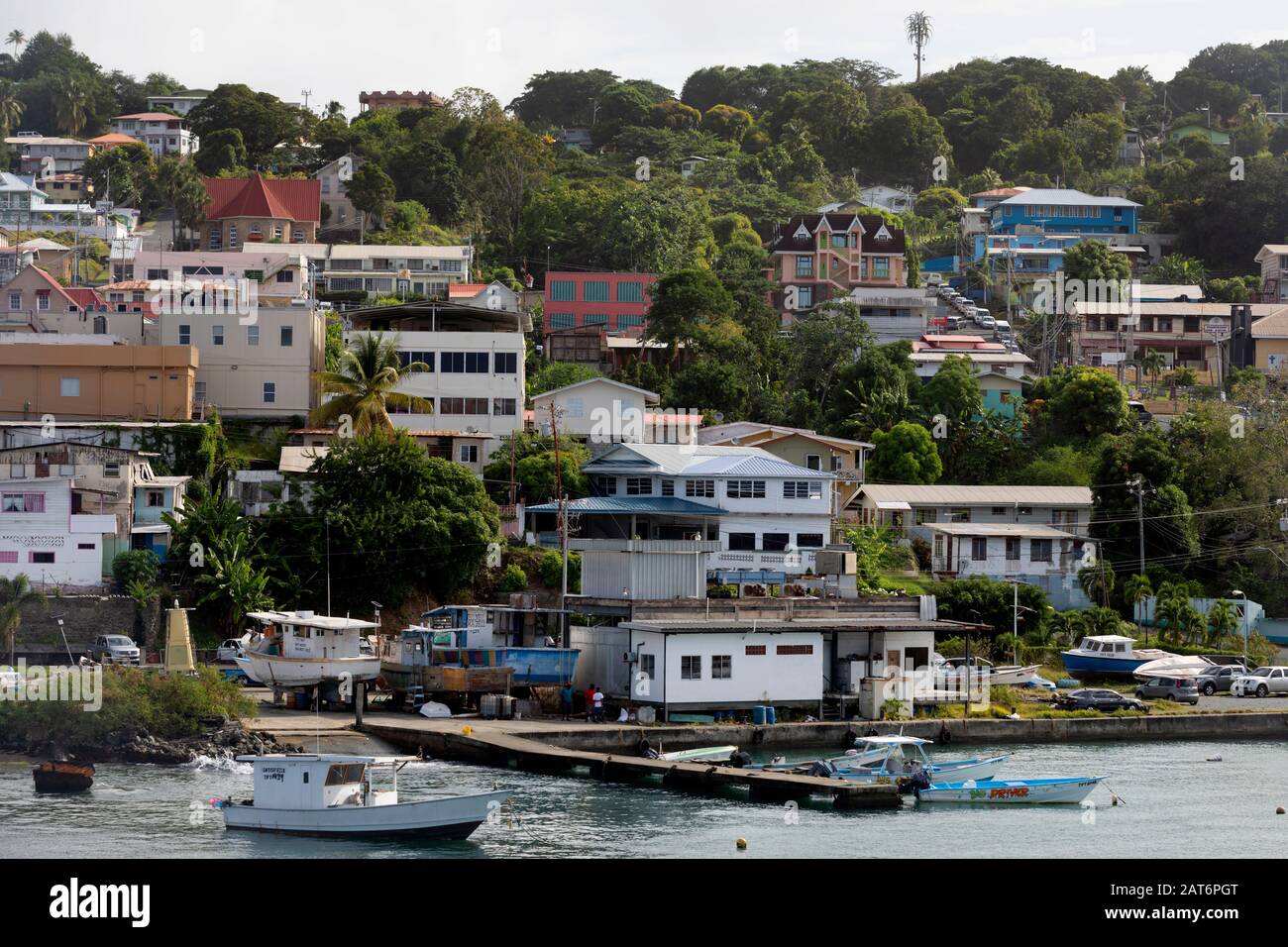 Houses on the waterfront, Scarborough, Tobago, Trinidad and Tobago Stock Photo