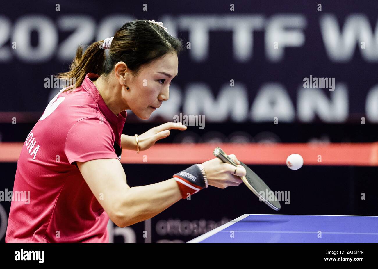 Magdeburg, Germany. 30th Jan, 2020. Shan Xiaona of Germany returns the ball  during the women's singles round of 32 match against Liu Shiwen of China at  the 2020 ITTF World Tour Platinum