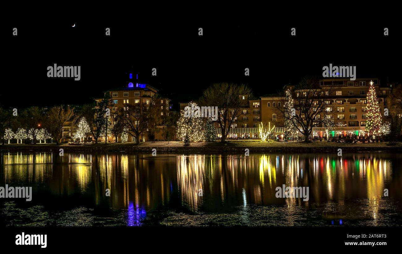 The Broadmoor Hotel in Colorado Springs, CO, is a popular destination at Christmas known for its beautiful grounds and festive light displays. Stock Photo