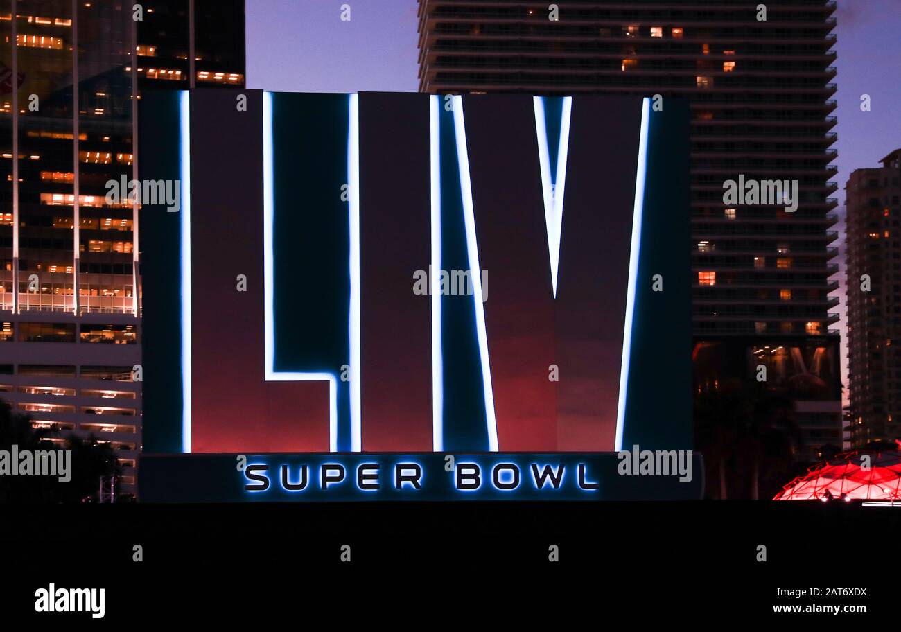 Downtown Miami, Florida, USA. 30th Jan, 2020. A giant LIV Super Bowl
