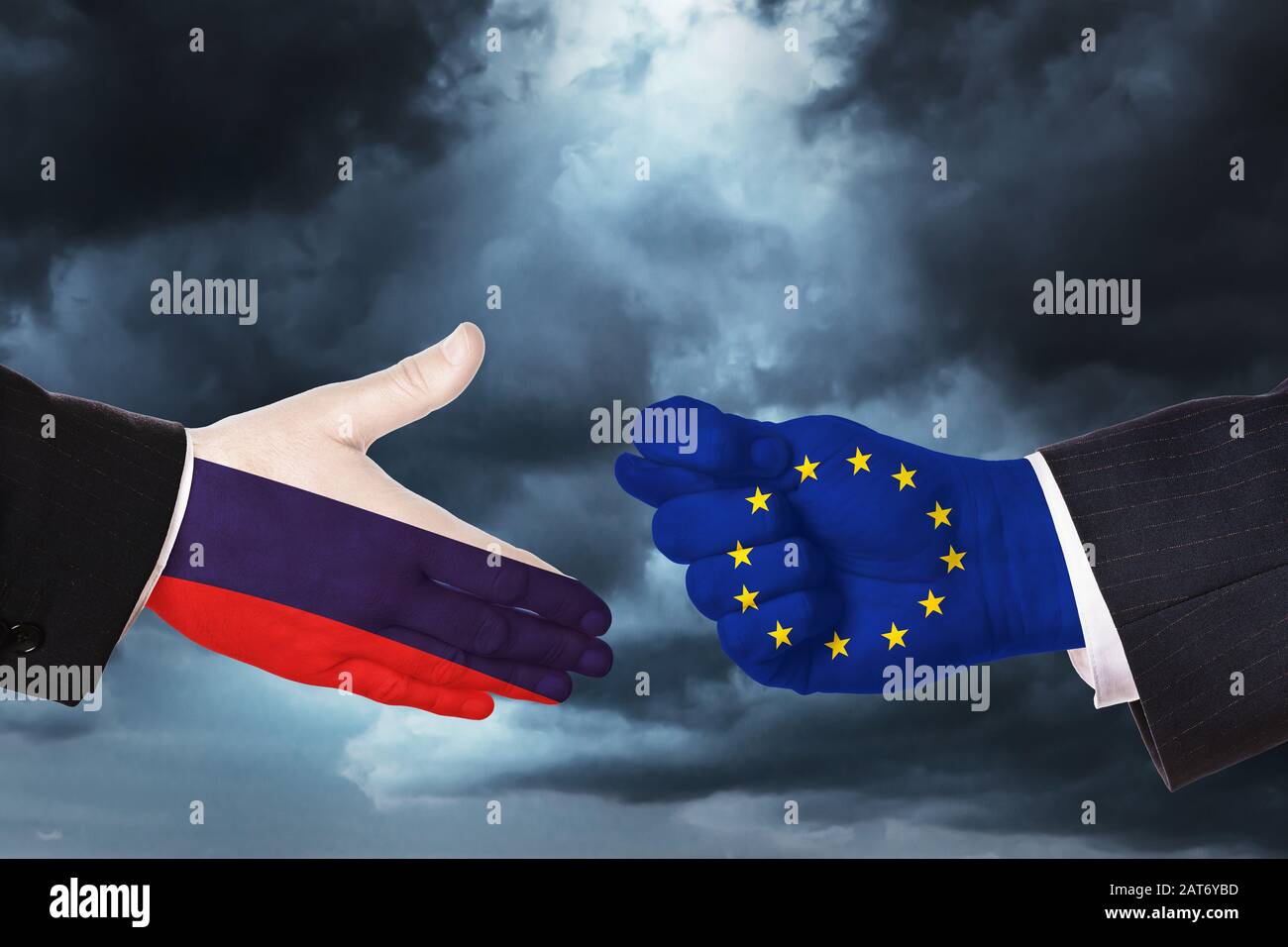 Hands on sky background. Concept on the topic of the proposal of friendship and relations between states Stock Photo