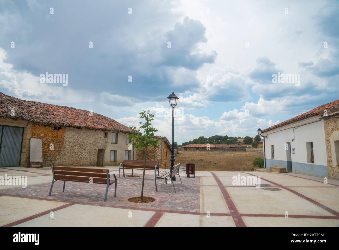 Main Square. Aldehuela de Calatañazor, Soria province, Castilla Leon, Spain. Stock Photo