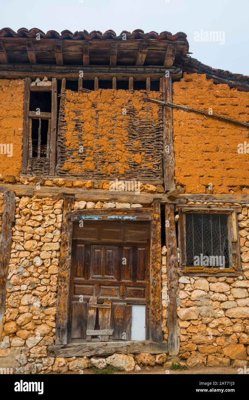Facade of house in ruins. Ucero, Soria province, Castilla Leon, Spain. Stock Photo
