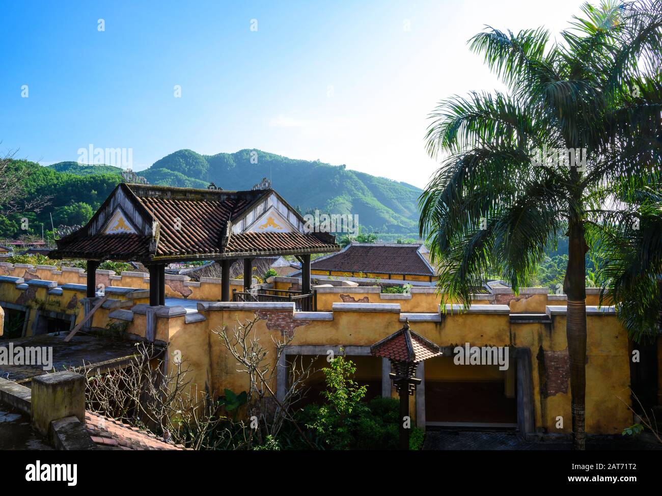 Buildings and fences at the entrance to the cable car in the Sun World in da Nang in Vietnam. Clear Sunny day on the 12th of January 2020 Stock Photo